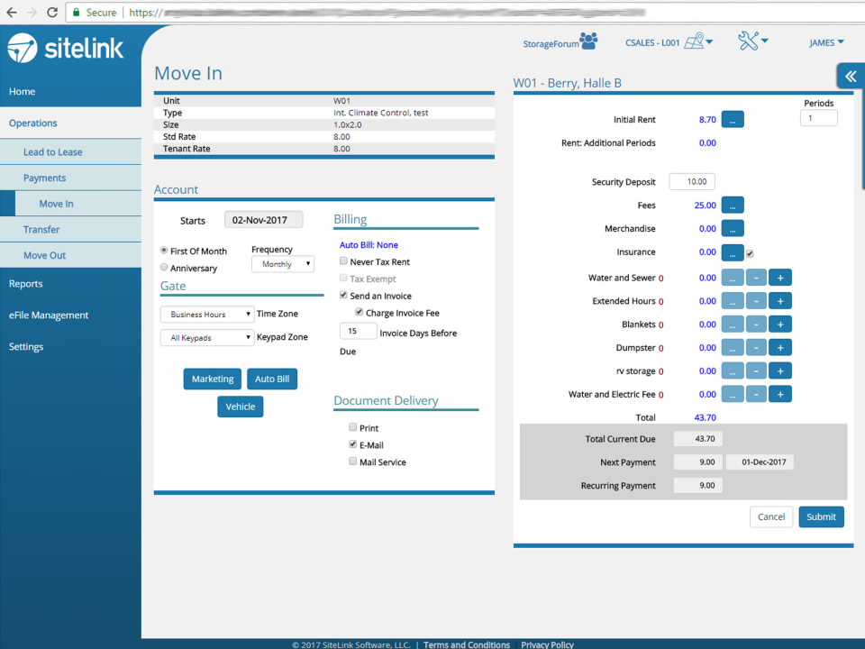 screenshot of SiteLink Web Edition